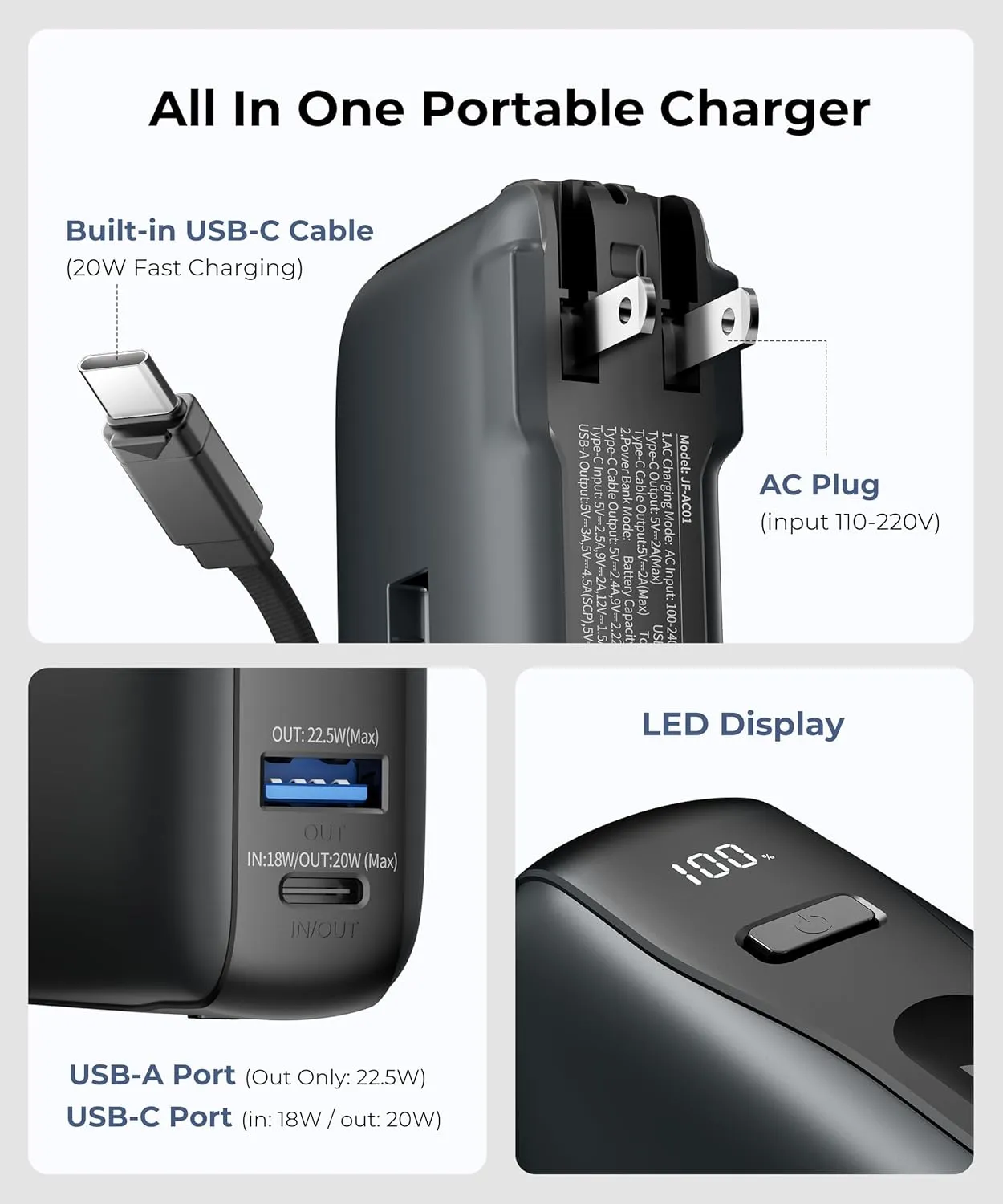 1 Pack Portable Charger with Built-in USB-C Cable & Plug, 10,000mAh 5V/4.5A Power Bank Fast Charging 22.5W, Travel Essential Battery Pack 3 Output for iPhone 16/15 Series, Samsung Galaxy, iPad