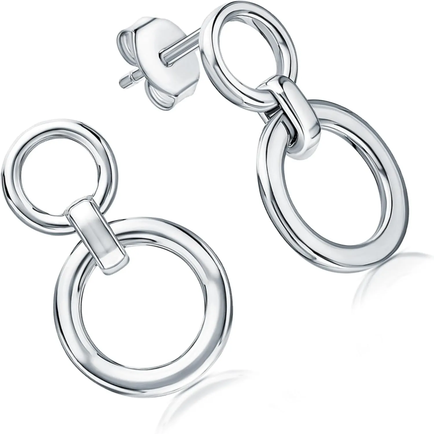 14k Gold Double Loop Open Round Stud Earring, Bold Link Dangle Design, Plain Circle Minimalist Stud, Unique Modern Jewelry for Women.