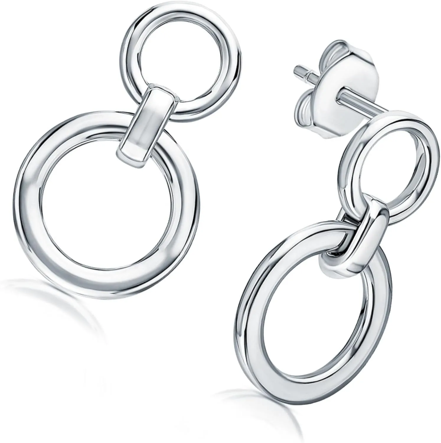 14k Gold Double Loop Open Round Stud Earring, Bold Link Dangle Design, Plain Circle Minimalist Stud, Unique Modern Jewelry for Women.