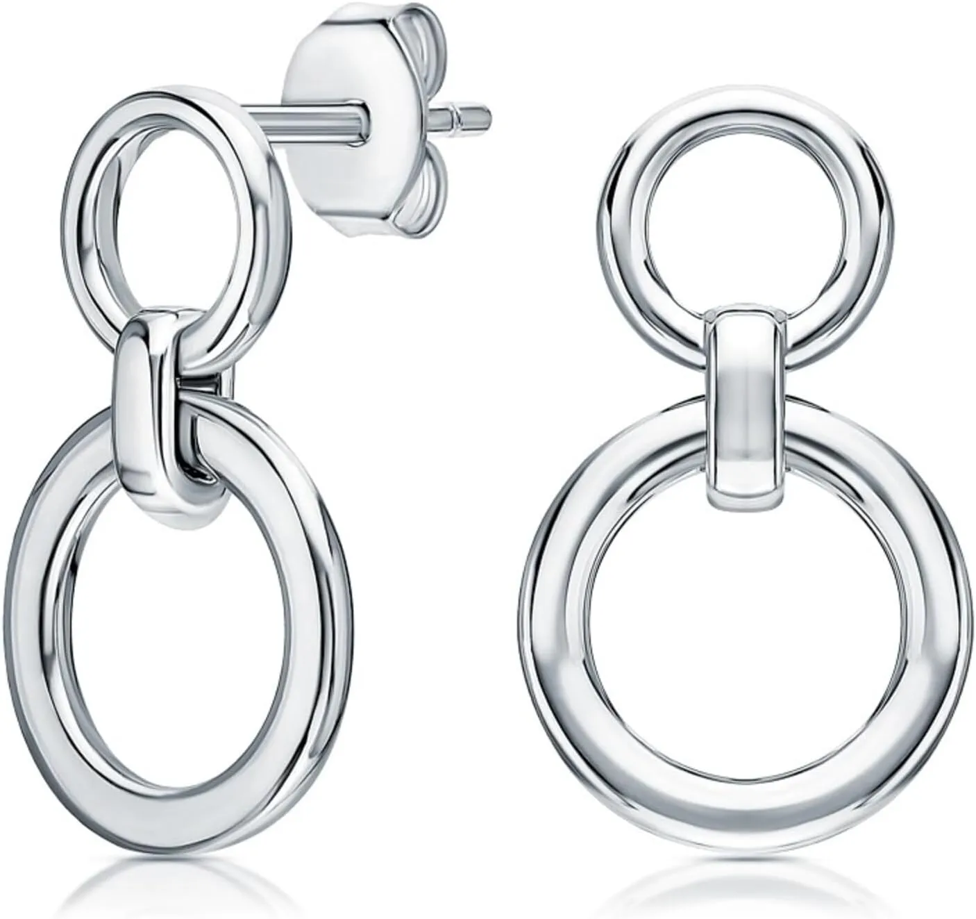 14k Gold Double Loop Open Round Stud Earring, Bold Link Dangle Design, Plain Circle Minimalist Stud, Unique Modern Jewelry for Women.