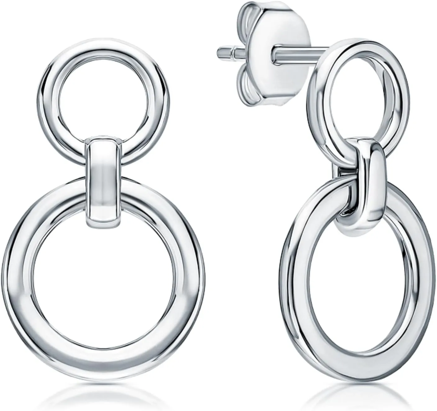 14k Gold Double Loop Open Round Stud Earring, Bold Link Dangle Design, Plain Circle Minimalist Stud, Unique Modern Jewelry for Women.