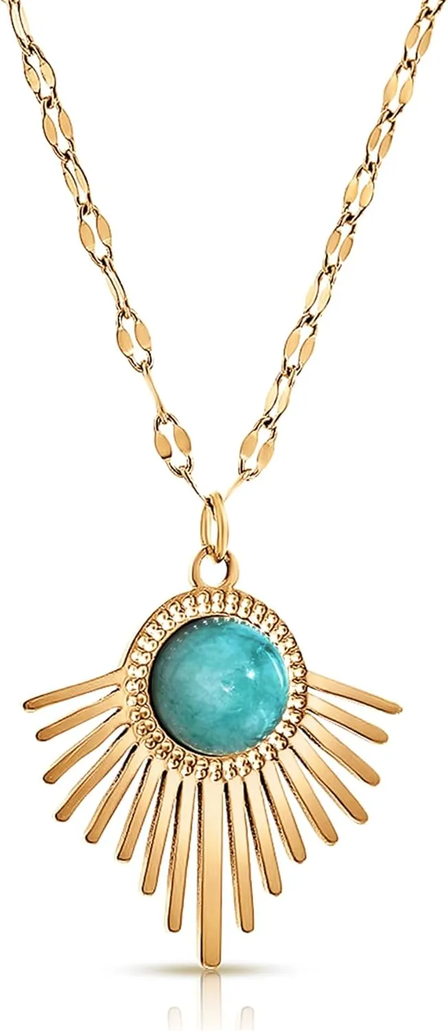 18K Gold Plated Bohemian Pendant Necklace  Trendy Jewelry for Women with Polished Stone Accent on Stainless Steel Chain, Ideal Womens Jewelry for Special Occasions.
