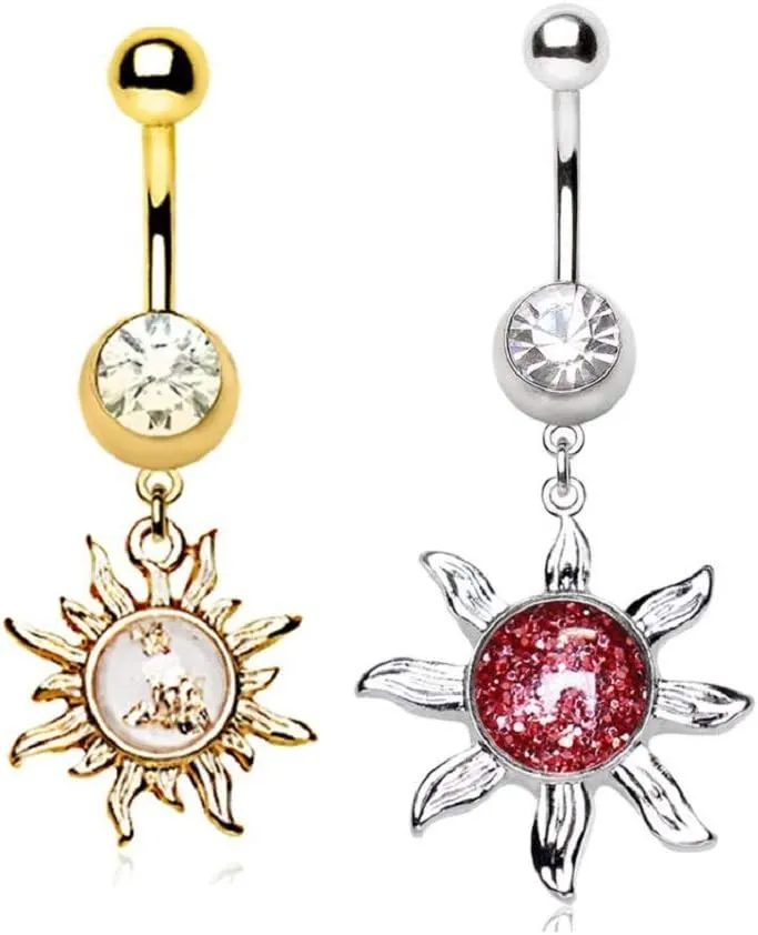 (2pcs) Pink Glitter Sol Sunburst and Gold Plated Sunburst Dangle Navel Rings