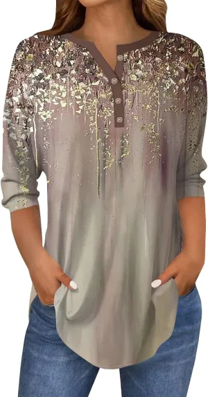 3/4 Length Sleeve Henley Shirts For Women Henley Spring Button Down Tops Baggy V Neck Blouses