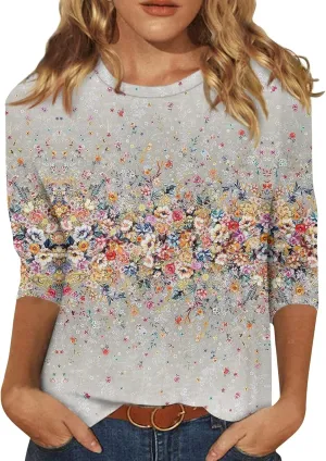 3/4 Length Sleeve Shirts for Women Floral Print Tees Blouses Crewneck Loose Casual Plus Size Tops T Shirts