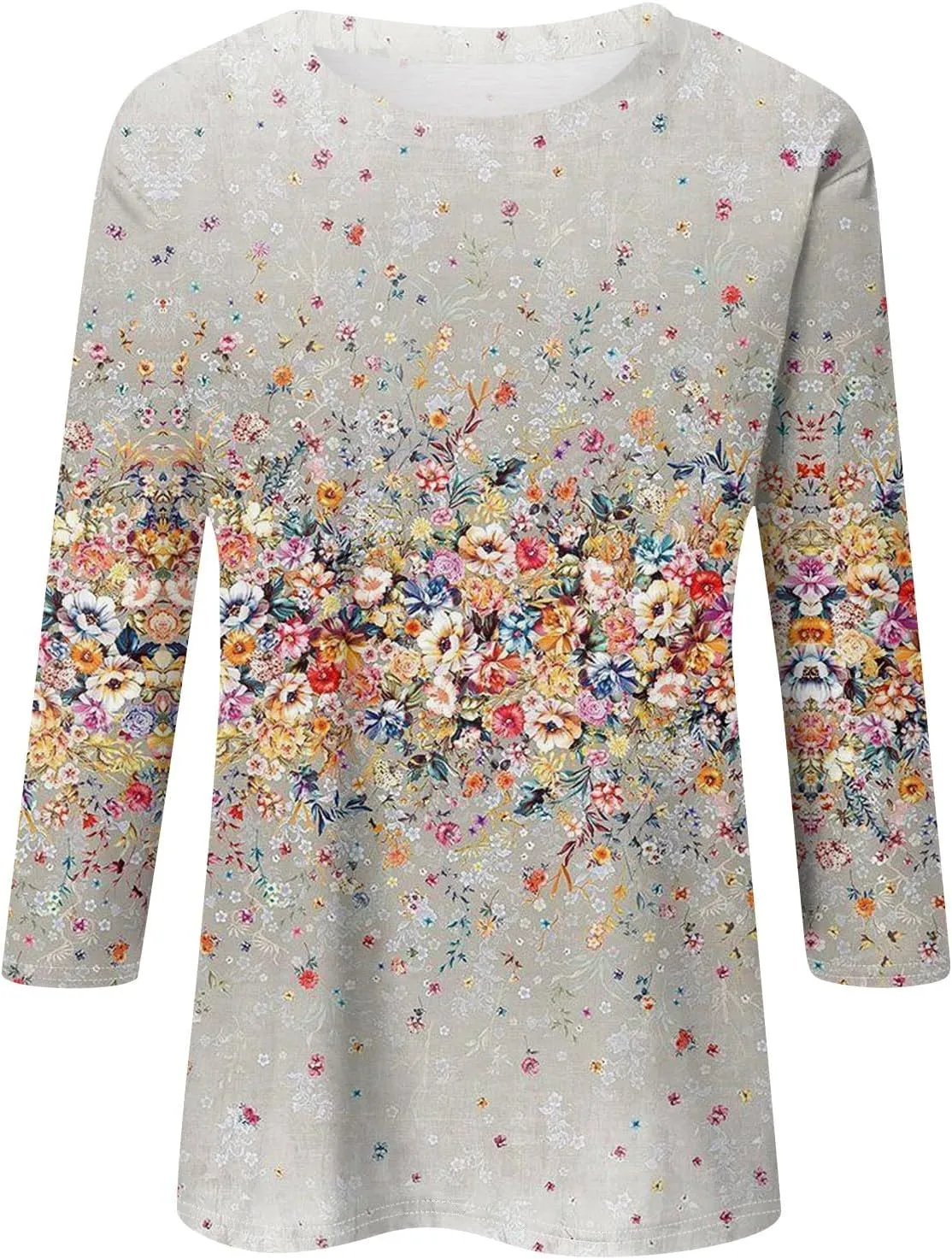 3/4 Length Sleeve Shirts for Women Floral Print Tees Blouses Crewneck Loose Casual Plus Size Tops T Shirts