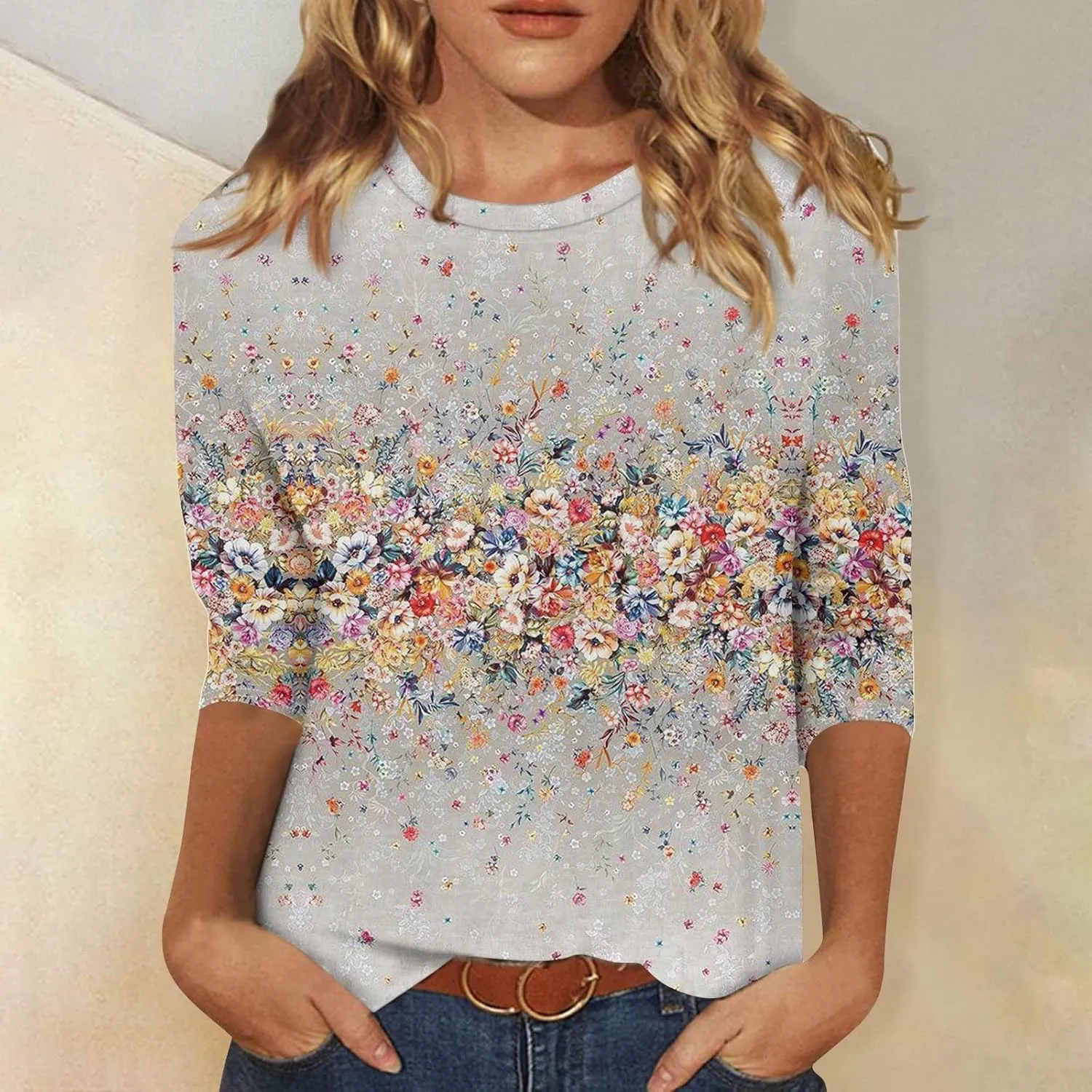 3/4 Length Sleeve Shirts for Women Floral Print Tees Blouses Crewneck Loose Casual Plus Size Tops T Shirts