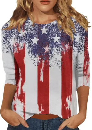 3/4 Length Sleeve Womens Tops 2024 Floral Print Vintage Casual Loose with Round Neck Plus Size Shirts