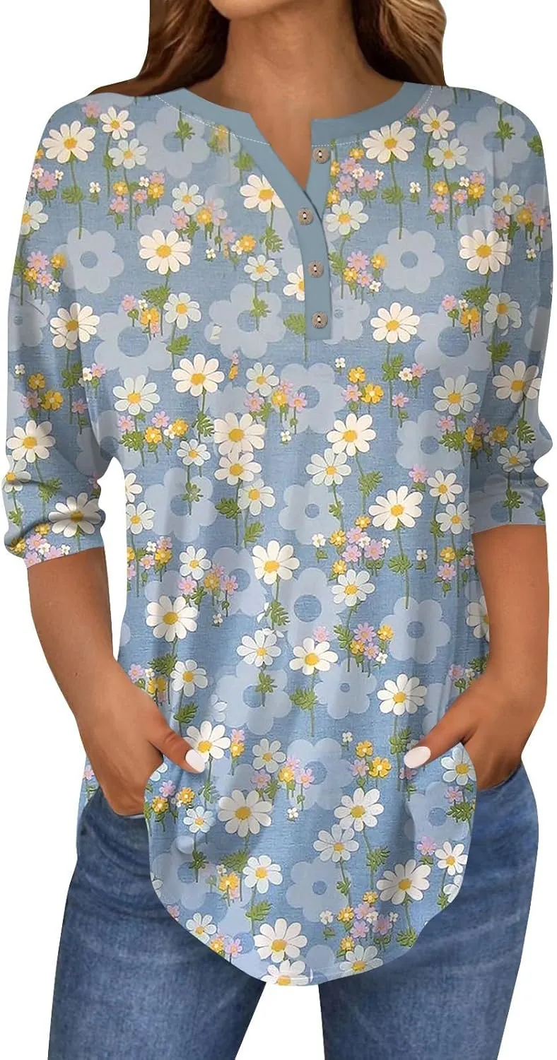 3/4 Length Sleeve Womens Tops 2025 Spring Summer Henley Neck Trendy Shirts Loose Fit Dressy Casual Blouses