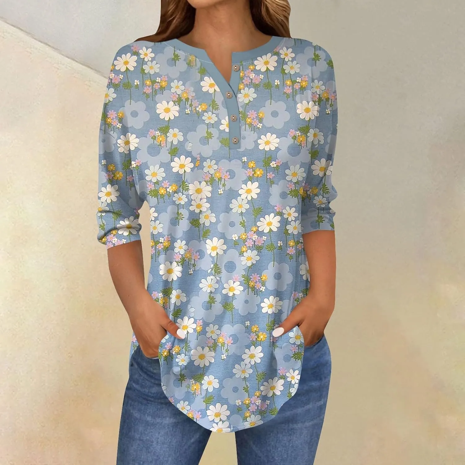 3/4 Length Sleeve Womens Tops 2025 Spring Summer Henley Neck Trendy Shirts Loose Fit Dressy Casual Blouses