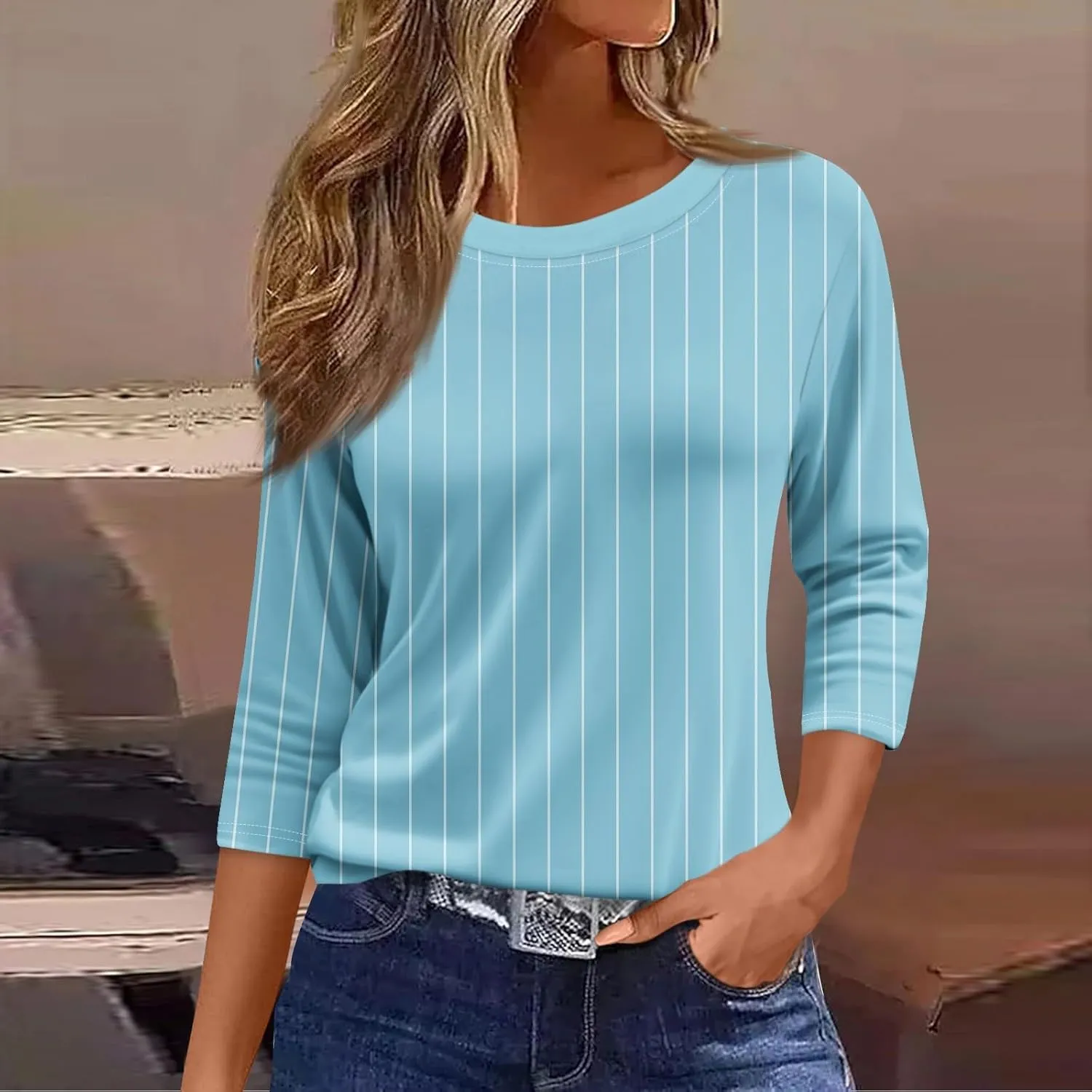 3/4 Length Sleeve Womens Tops 2025 Summer Crew Neck Shirts Three Quarter Sleeve Petite Tshirts