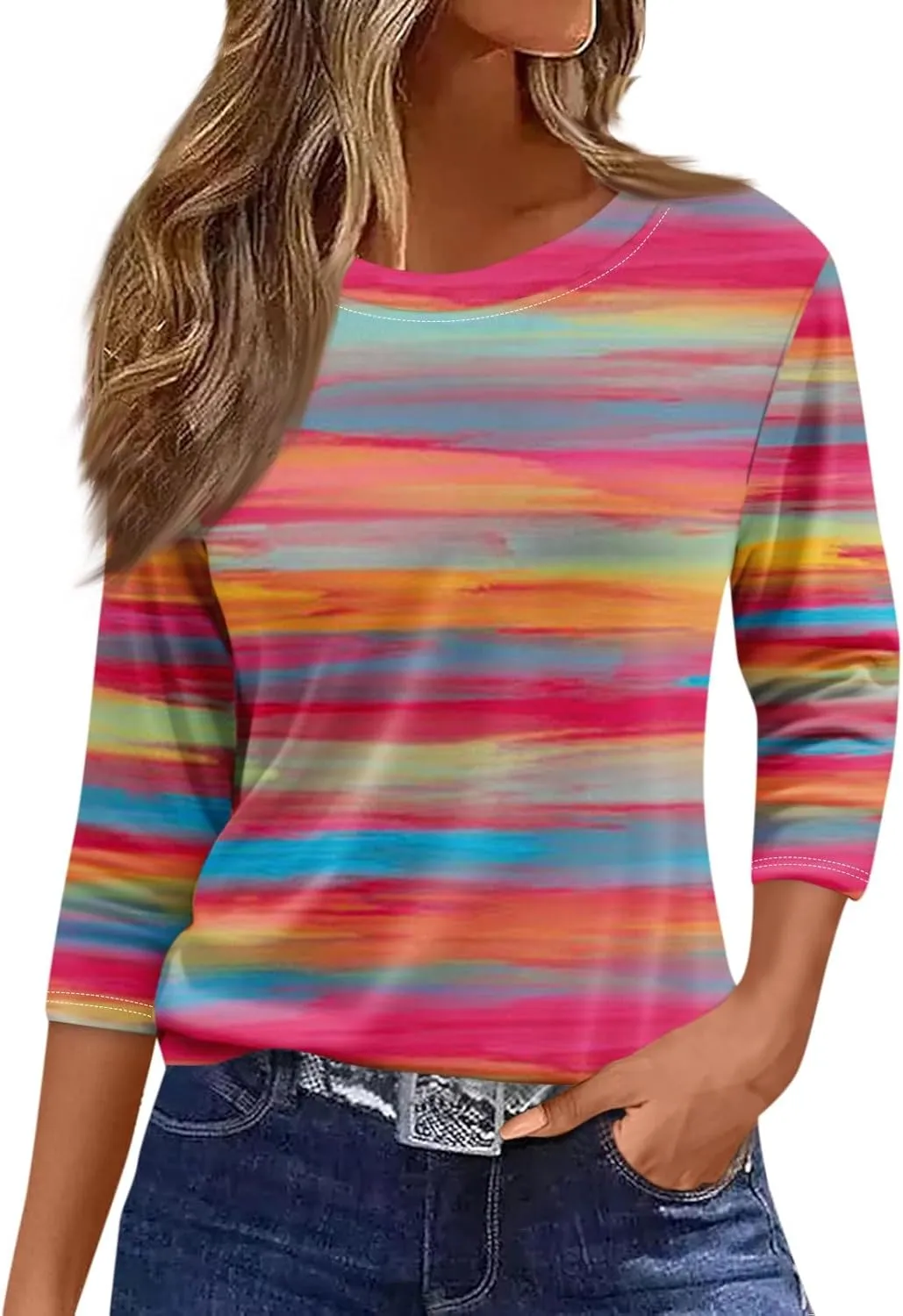 3/4 Length Sleeve Womens Tops 2025 Summer Crew Neck Shirts Three Quarter Sleeve Petite Tshirts