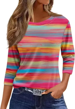 3/4 Length Sleeve Womens Tops 2025 Summer Crew Neck Shirts Three Quarter Sleeve Petite Tshirts