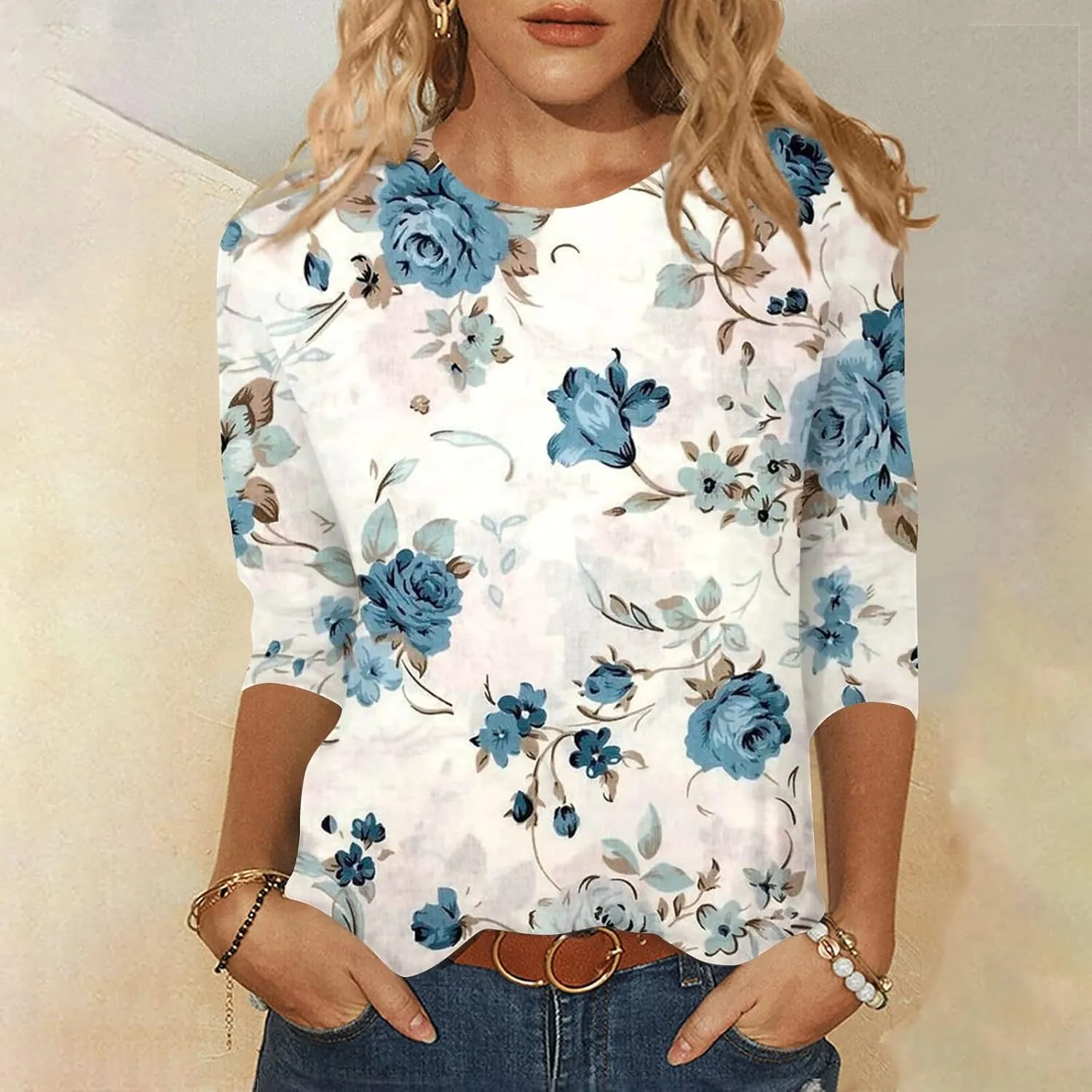 3/4 Length Sleeve Womens Tops Boho Printed Pullover Round Neck Casual Basic Blouses Loose Fit 3/4 Sleeve T Shirts
