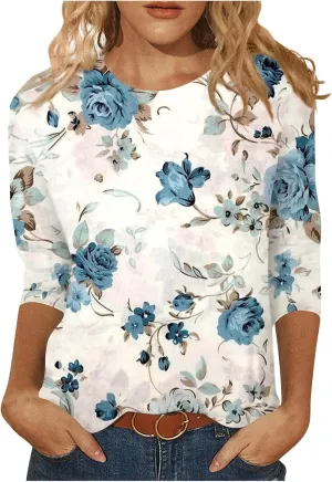 3/4 Length Sleeve Womens Tops Boho Printed Pullover Round Neck Casual Basic Blouses Loose Fit 3/4 Sleeve T Shirts