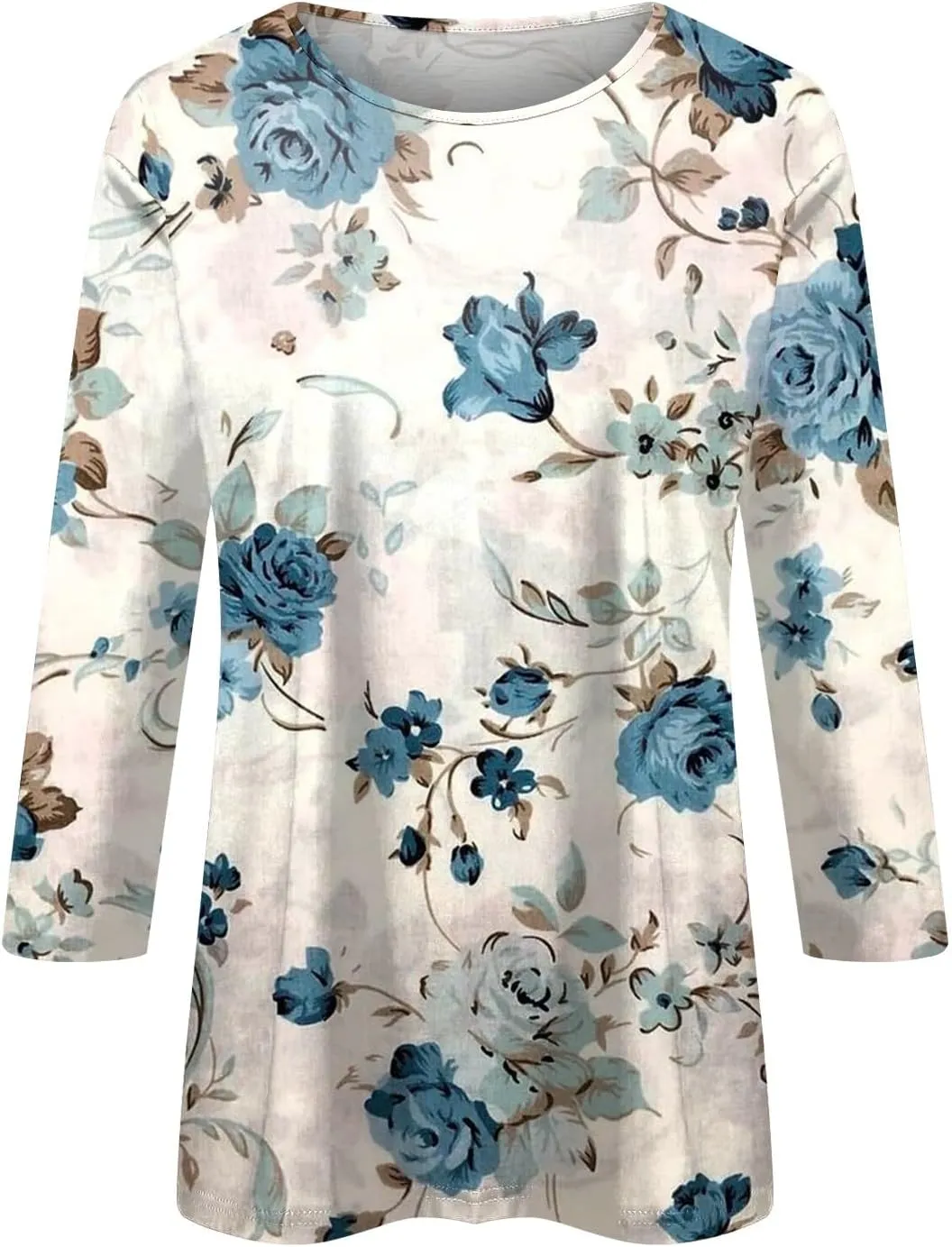 3/4 Length Sleeve Womens Tops Boho Printed Pullover Round Neck Casual Basic Blouses Loose Fit 3/4 Sleeve T Shirts