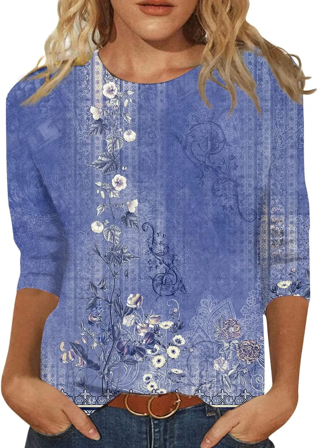 3/4 Length Sleeve Womens Tops Dressy Casual Cute Print Graphic Tees Blouses Casual Plus Size Basic Tops
