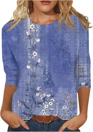 3/4 Length Sleeve Womens Tops Dressy Casual Cute Print Graphic Tees Blouses Casual Plus Size Basic Tops