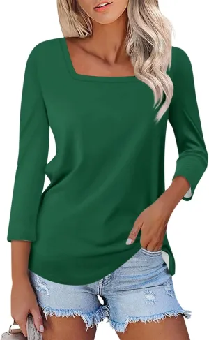 3/4 Length Sleeve Womens Tops Square Neck Casual Cute Shirts Three Quarter Length Dressy Blouses Workout Tunic Tops