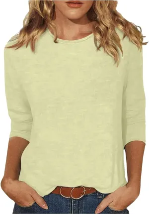 3/4 Sleeve Shirts for Women Round Neck Elbow Length Three Quarter Sleeve Basic Tunic Tops Dressy Casual