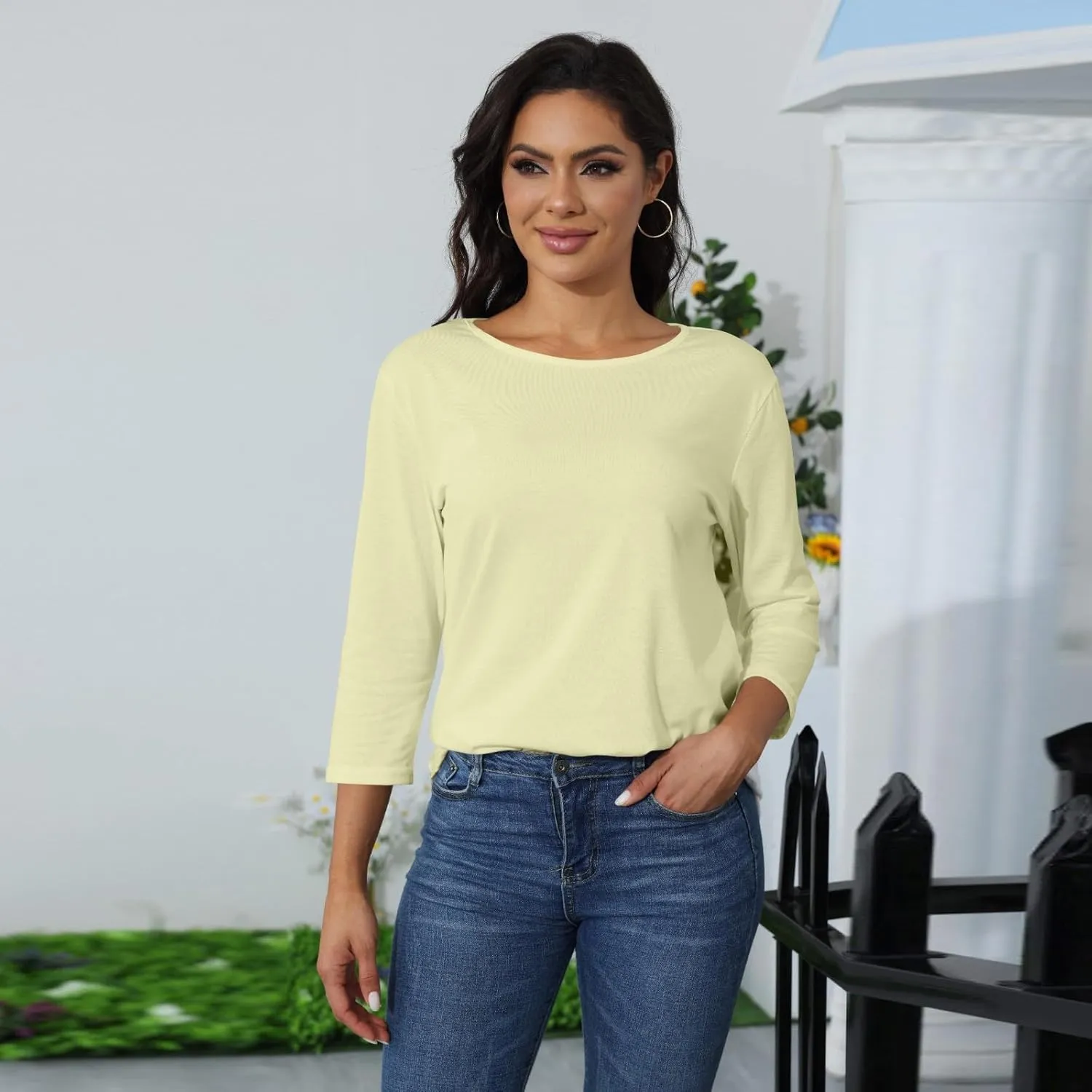 3/4 Sleeve Shirts for Women Round Neck Elbow Length Three Quarter Sleeve Basic Tunic Tops Dressy Casual