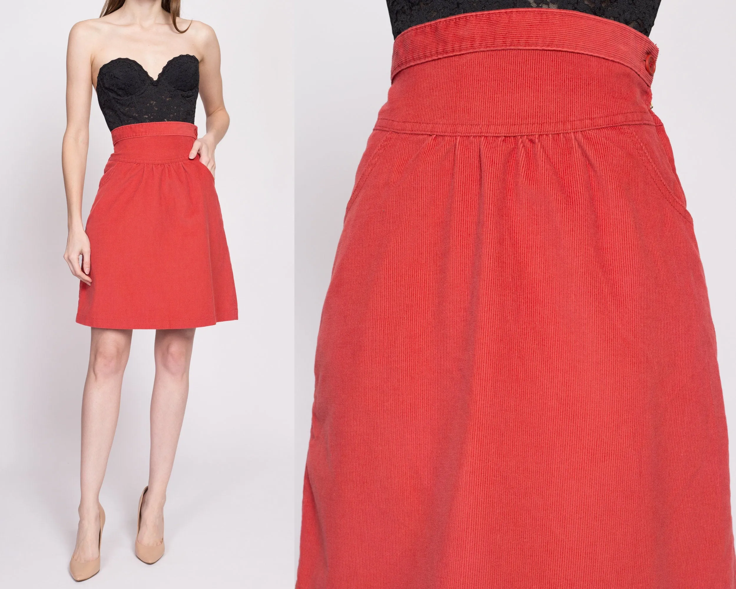 70s Coral Red Corduroy Mini Skirt - Small, 26.5"