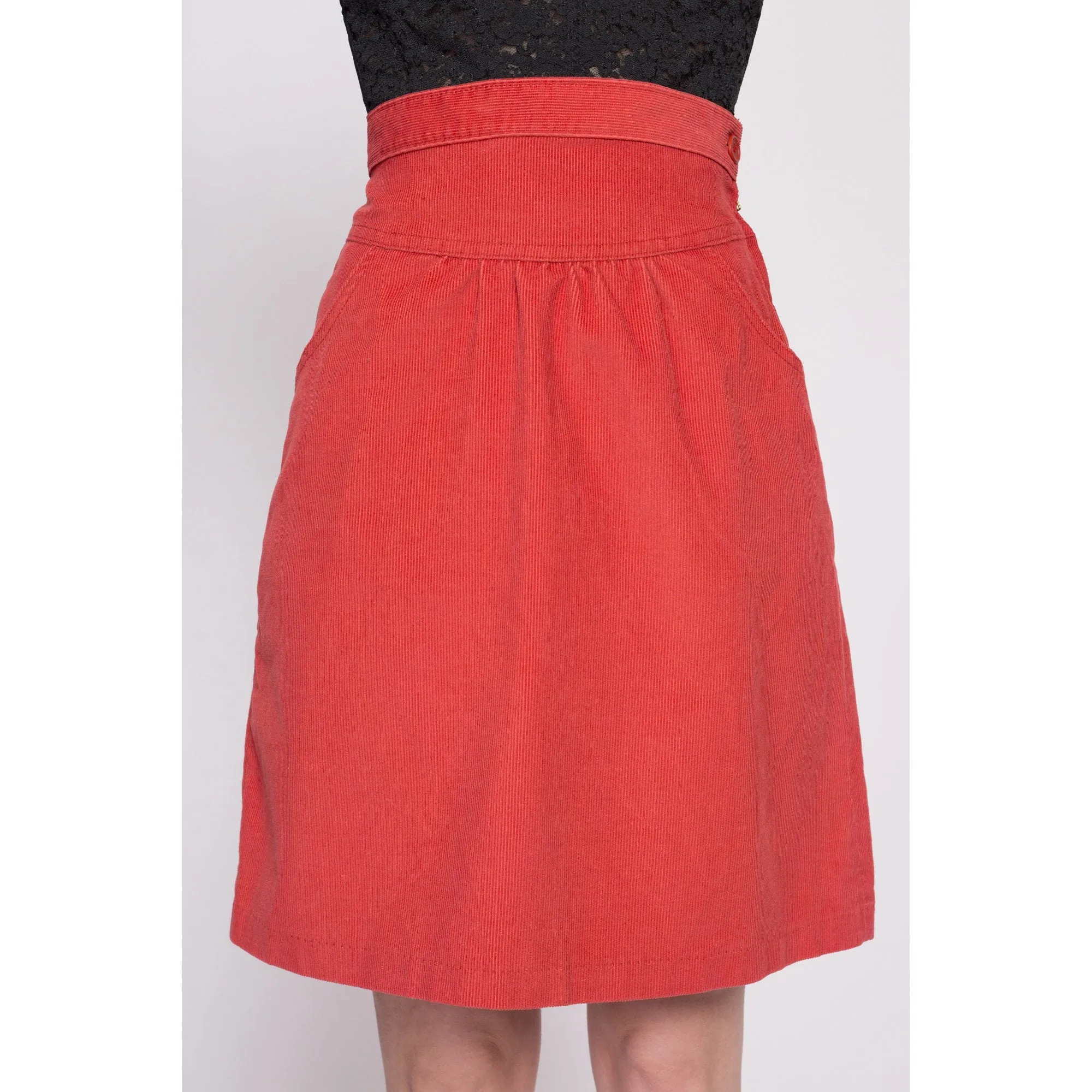 70s Coral Red Corduroy Mini Skirt - Small, 26.5"
