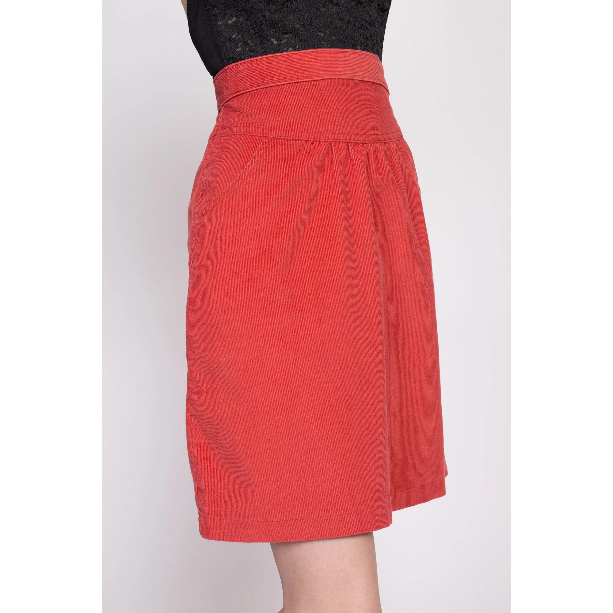 70s Coral Red Corduroy Mini Skirt - Small, 26.5"