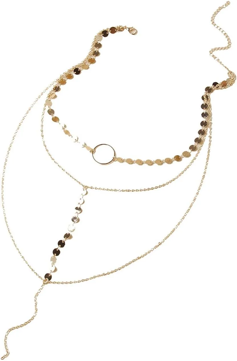 70s Necklaces for Women Stylish Layered Sequins Necklace with Thin Long Pendant Disco Goddess Layered Necklace Boho Silver Gold Jewelry Accessories for Festival Renaissance Style