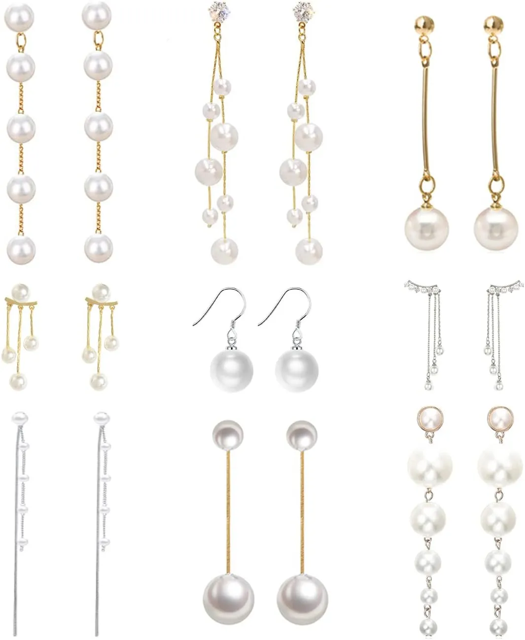 9 Pairs Big Simulated Pearl Long Tassel Drop Earrings for Women Double Sided Front Back Pearl Earrings Cross Imitation Pearl Dangle Earrings