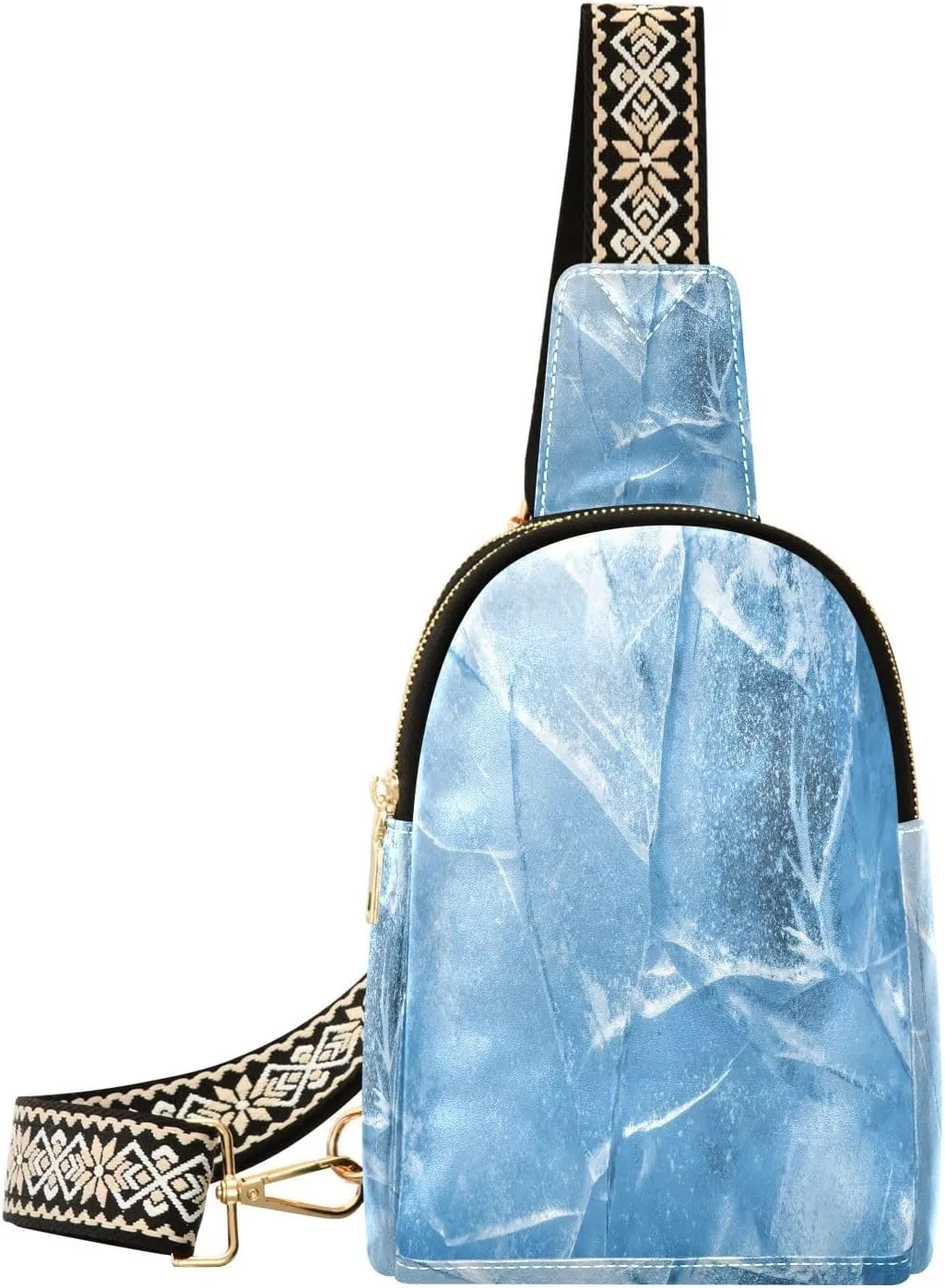 Abstract Ice Texture Fanny Pack Crossbody PC Leather Small Sling Bag for Women Blue Winter Fashion Waist Packs Chest Bag for Travel Sports Running Hiking
