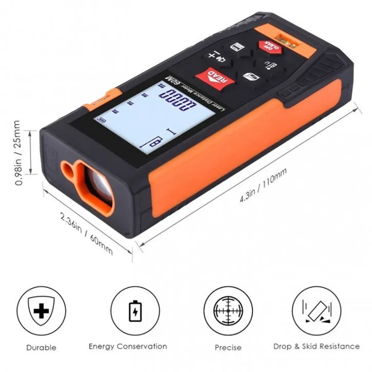 Accurate Laser Distance Meter w/ Battery & Case - 196' Measurement Device
