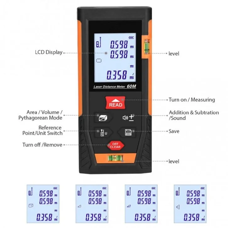 Accurate Laser Distance Meter w/ Battery & Case - 196' Measurement Device