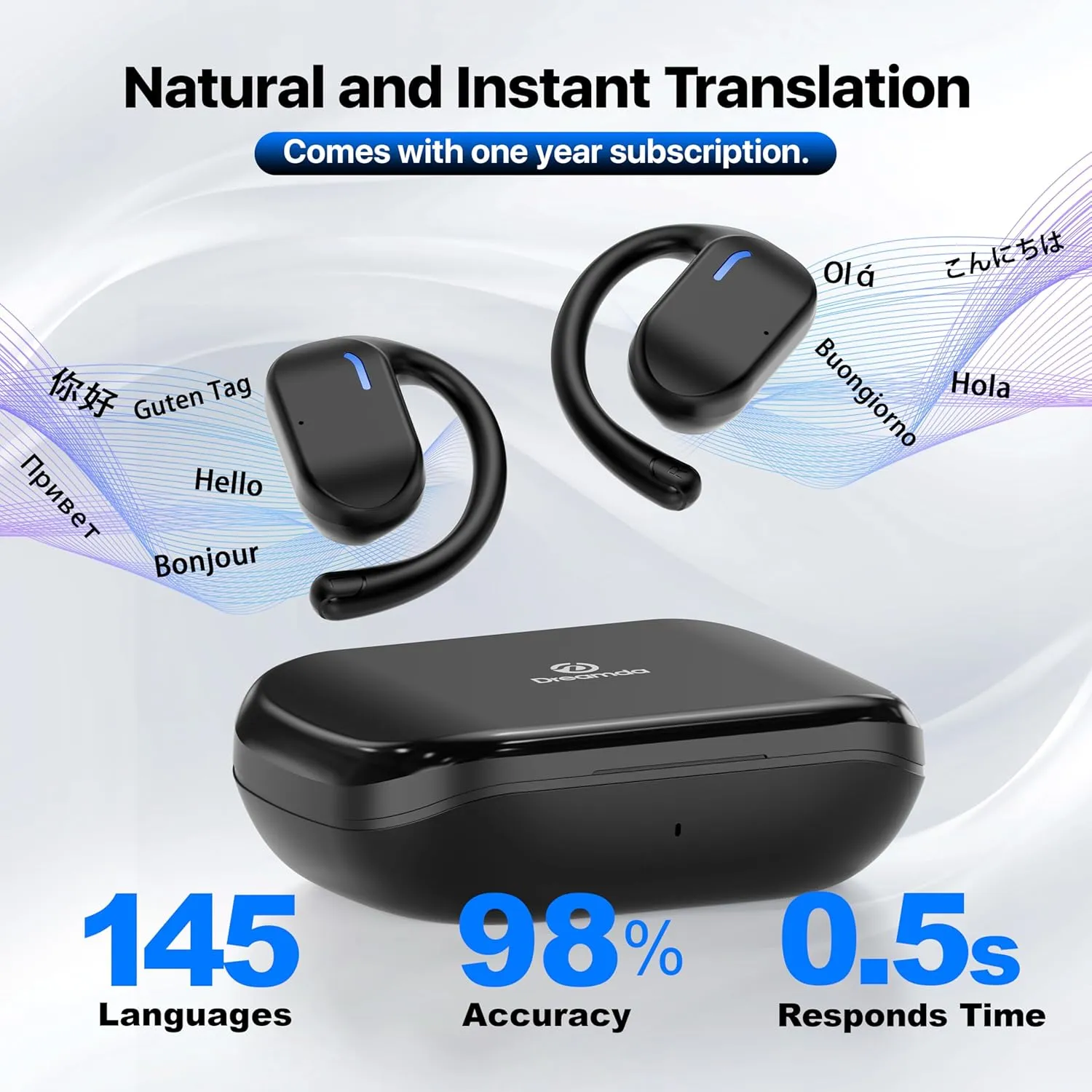 AI Language Translator Earbuds, OWS Real-Time 3-in-1 Translation Earbuds 144 Languages & Accents, Translation Device for Travel Business Learning, Black