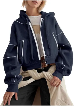 Akklian Zip Up Hoodies for Women Fashion Cropped Sweatshirt Fleece Lined Y2K Fall Teen Girls Preppy Clothes Casual Jackets
