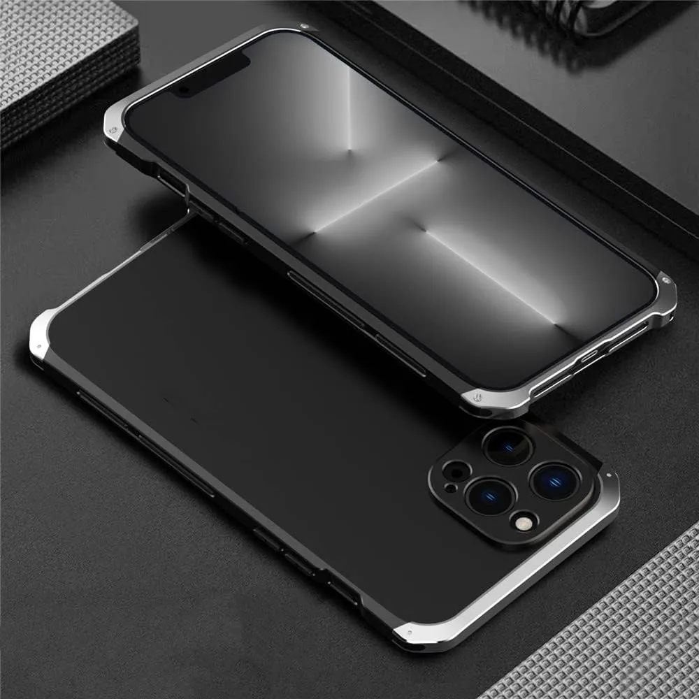 Aluminum Metal Armor case for iPhone 14 12 13 11 Pro Max Shockproof Back Cover for iPhone 13 12 Pro XS MAX XR 6 7 8 Plus X Cover,Black Silver,for iPhone 6 6S
