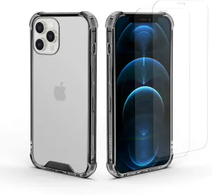 Amcrest Compatible Case for iPhone 12 Pro Max with 2 x Tempered Glass Screen Protectors, Crystal Clear iPhone 12 Pro Max Case, Clear 360 Hardened Backing, TPU Bumper, 3in1 Shockproof (Black)