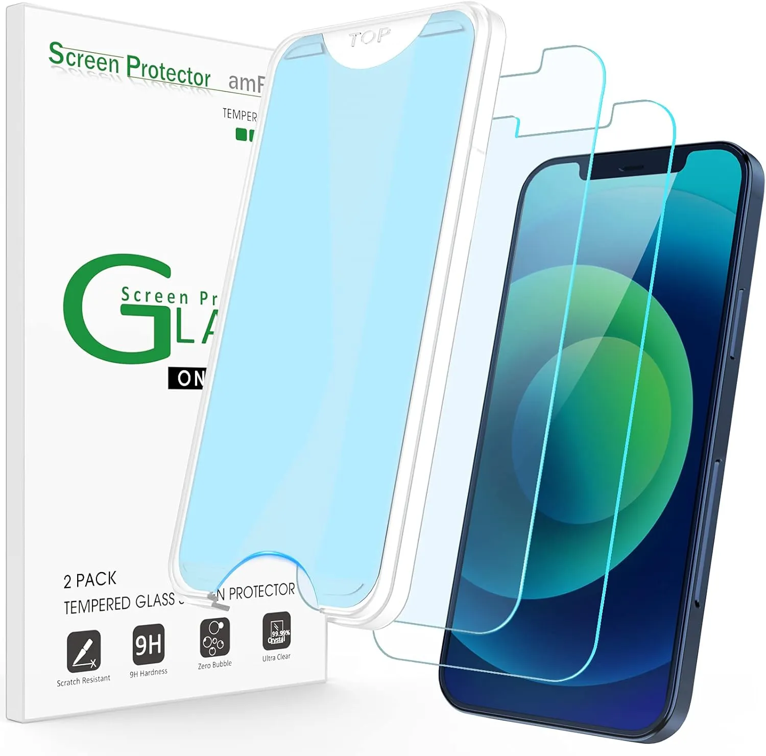 amFilm 2Pack OneTouch iPhone 12 Mini (5.4", 2020) Screen Protector, 9H Hardness Tempered Glass. Easiest Installation, Bubble Free and Case Friendly.