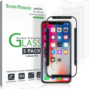 amFilm (3-Pack iPhone XS/X Screen Protector, 0.26mm 9H Tempered Glass Screen Protector with Easy Installation Tray for Apple iPhone 10.