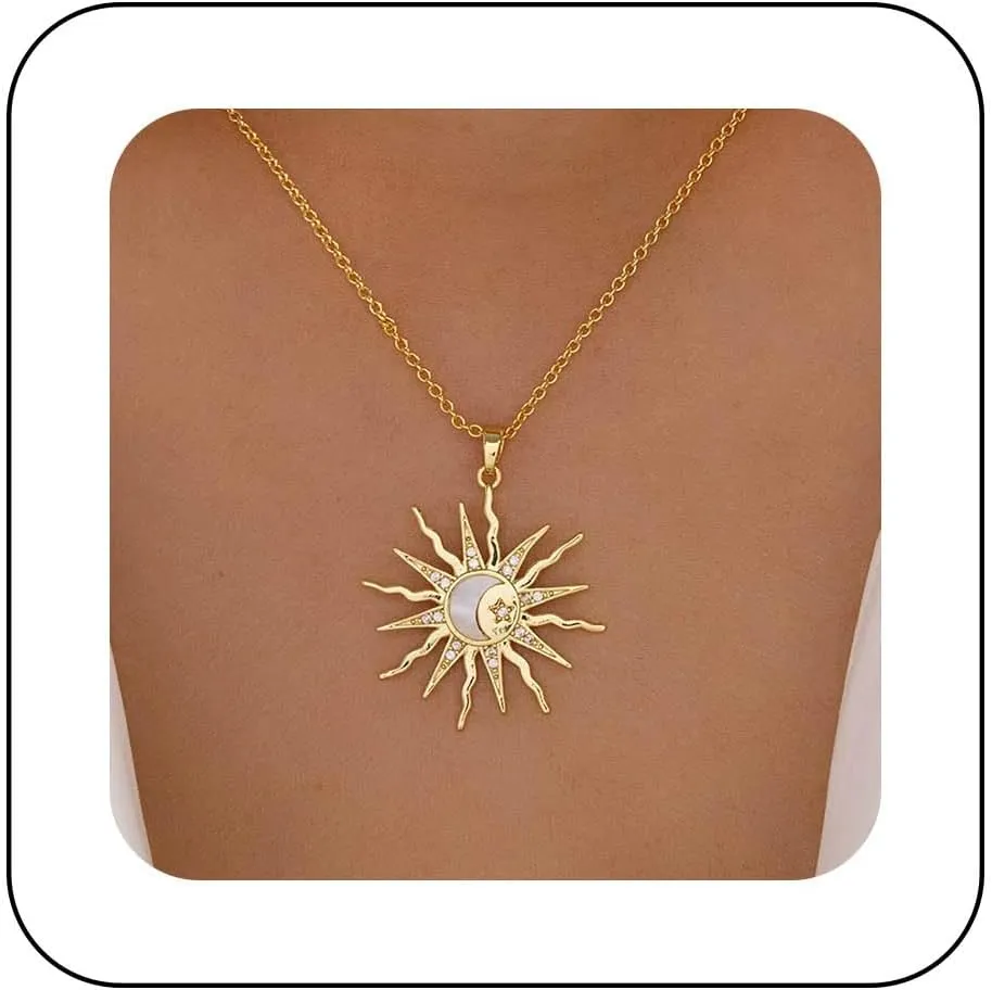 Andelaisi Boho Crystal Sunburst Pendant Necklace Vintage Sunrise Choker Necklace Gold CZ Spike Sun Necklace Adjustable Sun Celestial Flower Chain Necklace Jewelry for Women
