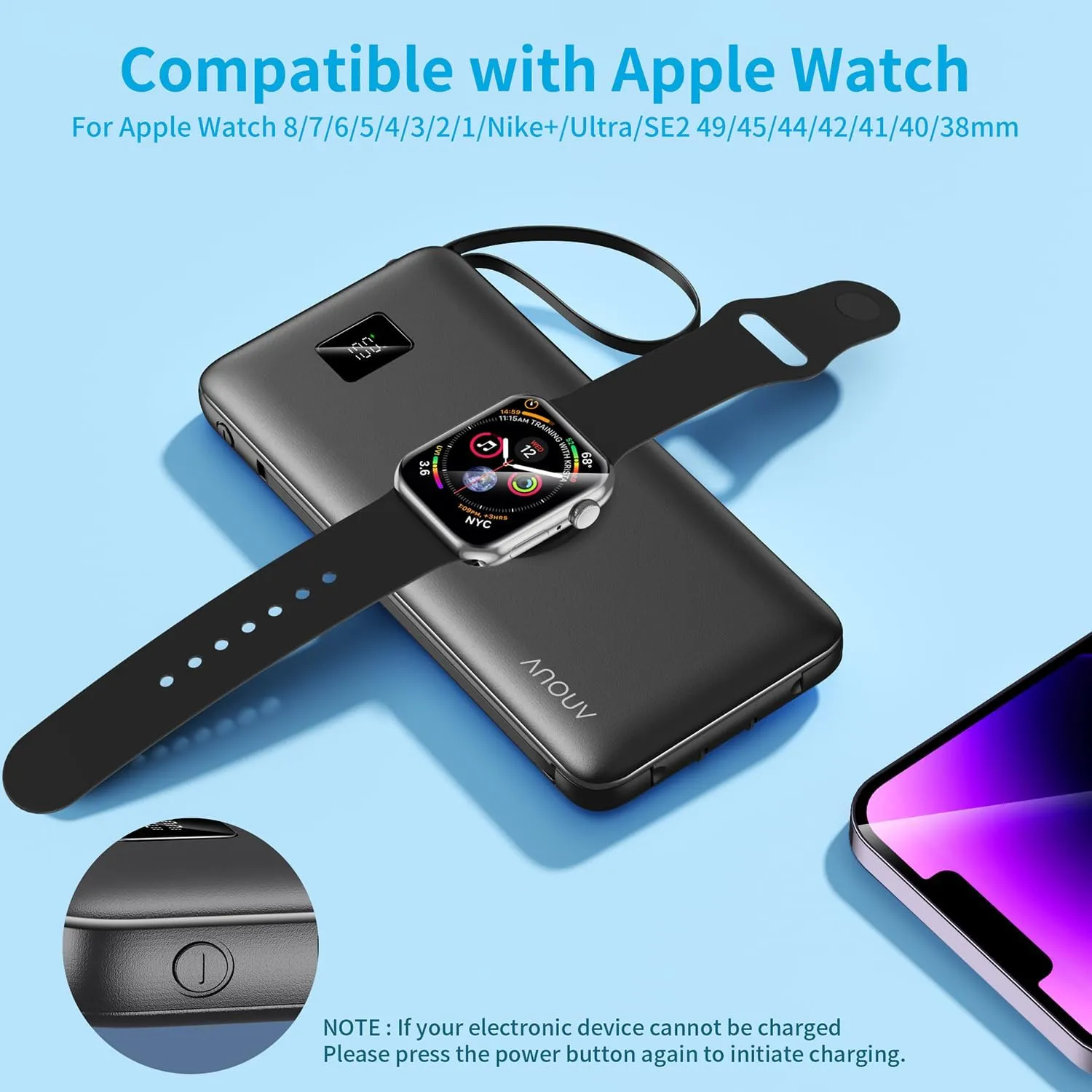 ANOUV Portable Charger with Built-in-Cable&AC Wall Plug& Magnetic Wireless iWatch Charger,10000mAh Power Bank,PD 22.5W Fast Charging Battery Pack Compatible with iPhones and Apple Watch etc.(1 Pack)