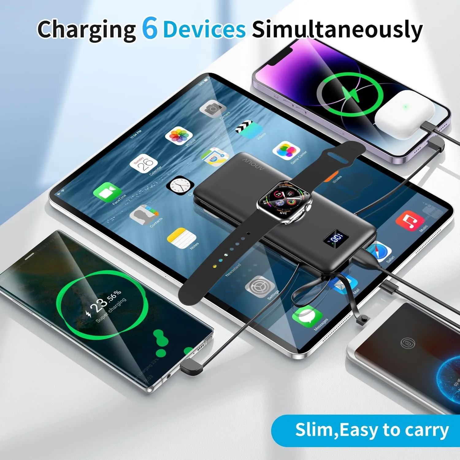 ANOUV Portable Charger with Built-in-Cable&AC Wall Plug& Magnetic Wireless iWatch Charger,10000mAh Power Bank,PD 22.5W Fast Charging Battery Pack Compatible with iPhones and Apple Watch etc.(1 Pack)