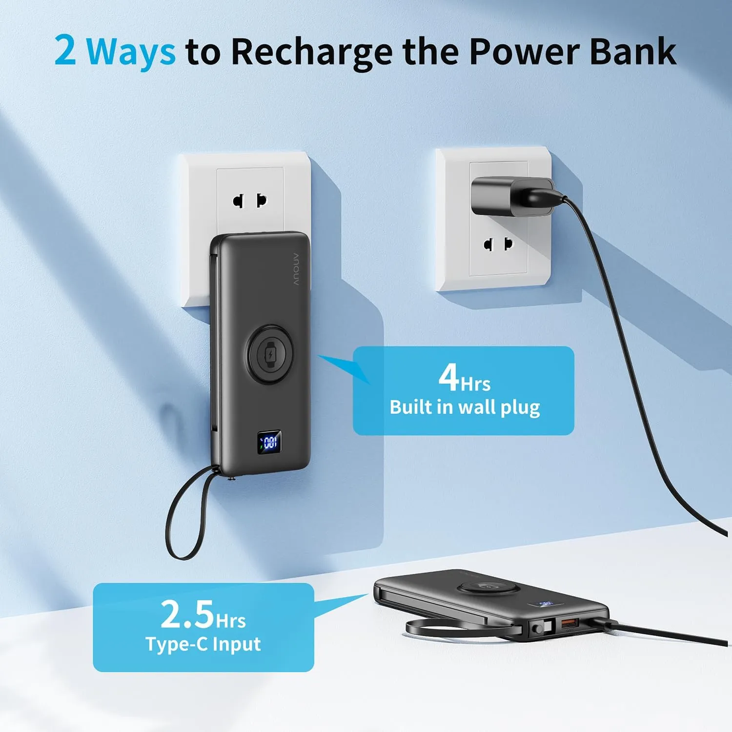 ANOUV Portable Charger with Built-in-Cable&AC Wall Plug& Magnetic Wireless iWatch Charger,10000mAh Power Bank,PD 22.5W Fast Charging Battery Pack Compatible with iPhones and Apple Watch etc.(1 Pack)