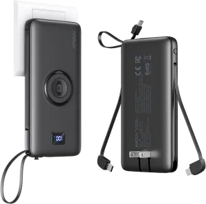 ANOUV Portable Charger with Built-in-Cable&AC Wall Plug& Magnetic Wireless iWatch Charger,10000mAh Power Bank,PD 22.5W Fast Charging Battery Pack Compatible with iPhones and Apple Watch etc.(1 Pack)
