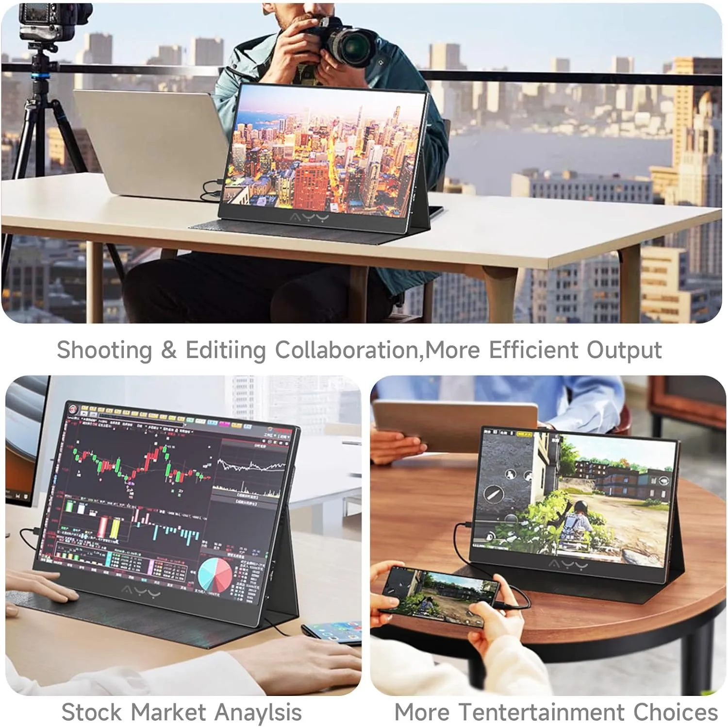 AYY Portable Monitor for Laptop 15 Inch FHD 1080P, USB-C/HDMI Travel Laptop Screen Extender Monitor Portable for PC/Mac/Phone/PS5/PS4/Xbox/Switch, HDR IPS Display with Smart Cover & Speakers, VESA