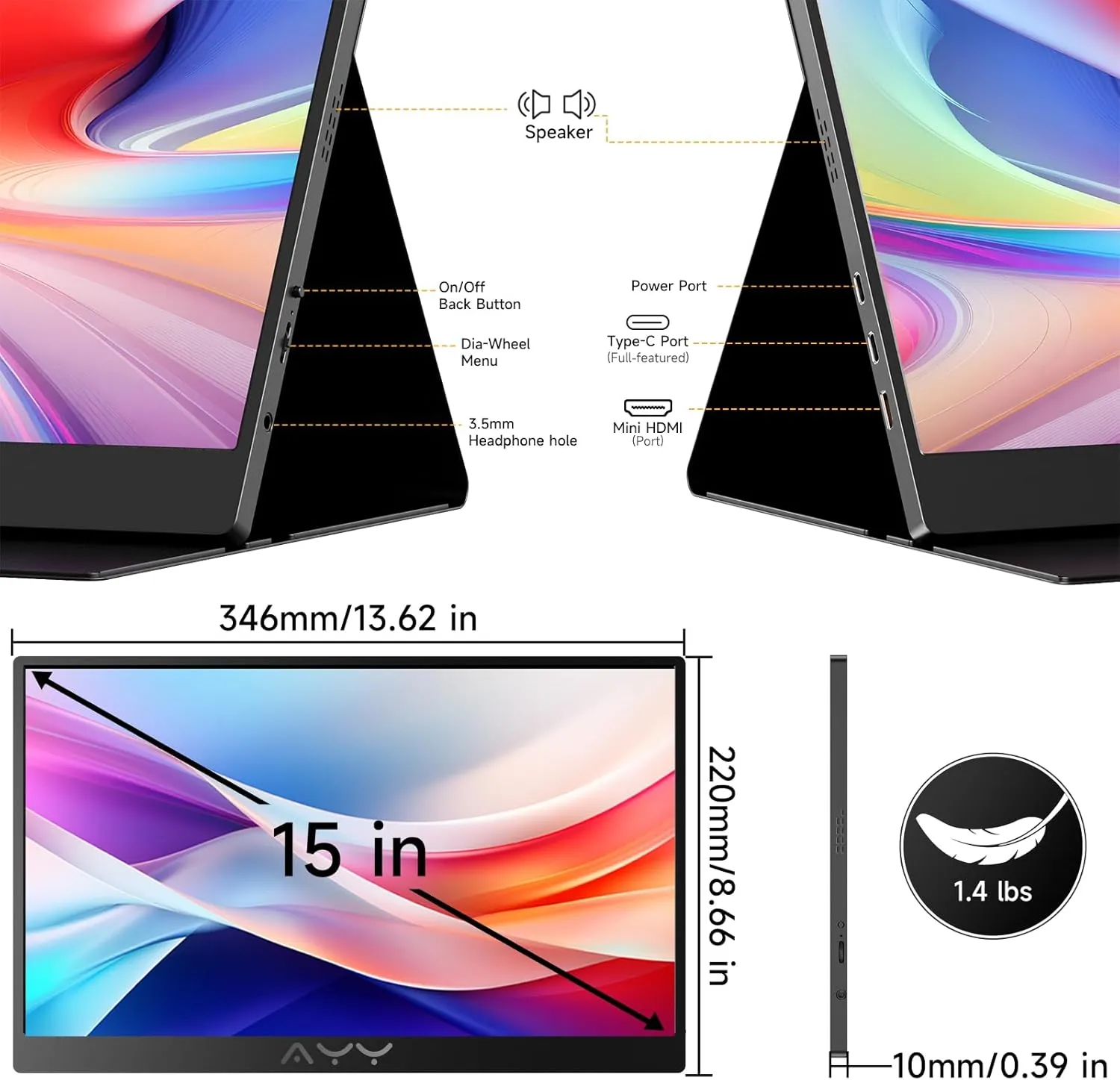 AYY Portable Monitor for Laptop 15 Inch FHD 1080P, USB-C/HDMI Travel Laptop Screen Extender Monitor Portable for PC/Mac/Phone/PS5/PS4/Xbox/Switch, HDR IPS Display with Smart Cover & Speakers, VESA