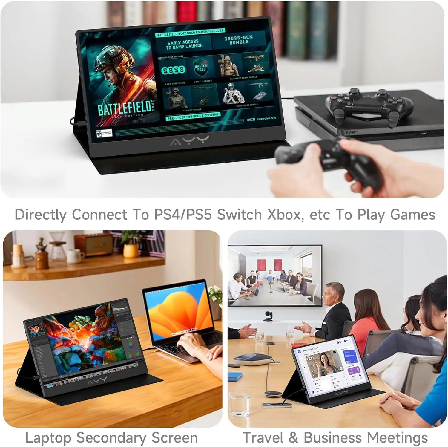 AYY Portable Monitor for Laptop 15 Inch FHD 1080P, USB-C/HDMI Travel Laptop Screen Extender Monitor Portable for PC/Mac/Phone/PS5/PS4/Xbox/Switch, HDR IPS Display with Smart Cover & Speakers, VESA
