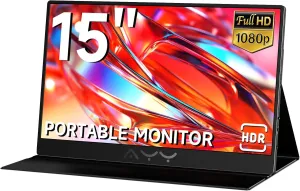 AYY Portable Monitor for Laptop 15 Inch FHD 1080P, USB-C/HDMI Travel Laptop Screen Extender Monitor Portable for PC/Mac/Phone/PS5/PS4/Xbox/Switch, HDR IPS Display with Smart Cover & Speakers, VESA
