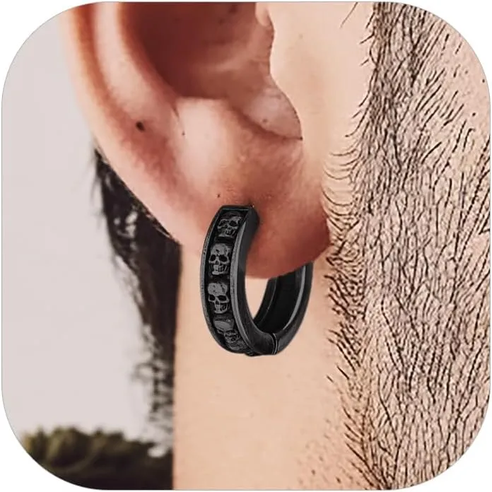 Bandmax Skull Earrings for Men Women Stainless Steel Skeleton Skull Head Hoop Earrings Stud Earrings Punk Gothic Earrings Halloween Jewelry