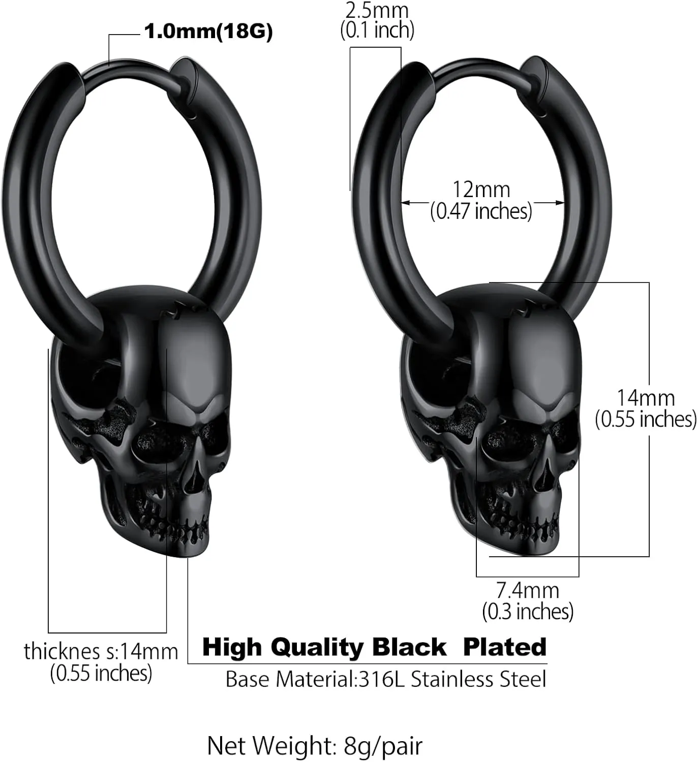 Bandmax Skull Earrings for Men Women Stainless Steel Skeleton Skull Head Hoop Earrings Stud Earrings Punk Gothic Earrings Halloween Jewelry